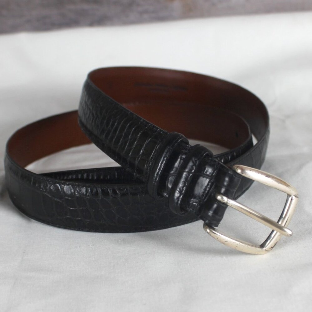 Harold Powell Embossed Italian Calfskin Men Belt Size 38 Black Leather Crocodile